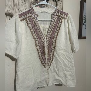 Embroidered V-Neck Blouse in Cream and Purple